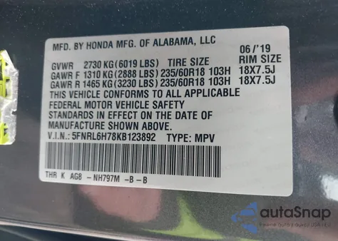 2019 Honda Odyssey Ex-L z USA, uszkodzony, nr VIN 5FNRL6H78KB123892